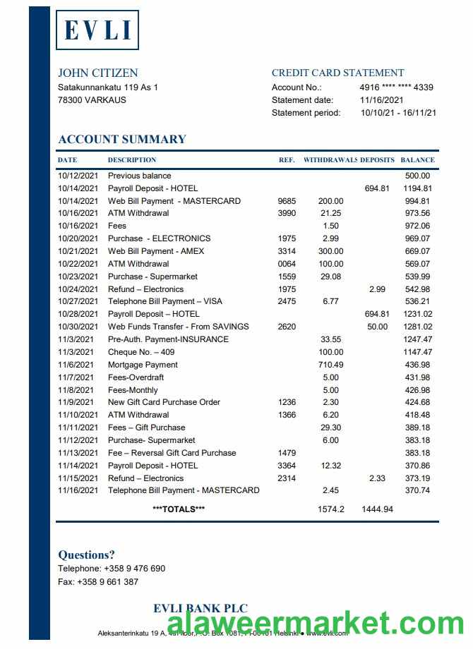 Finland Evli Bank PLC bank statement easy to fill template in Excel and PDF format